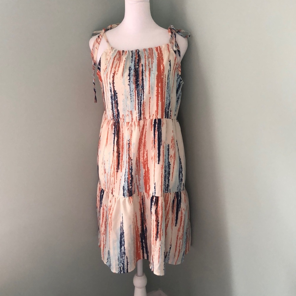 NWT Solution Babydoll Tiered Blue Orange Toe Strap Dress